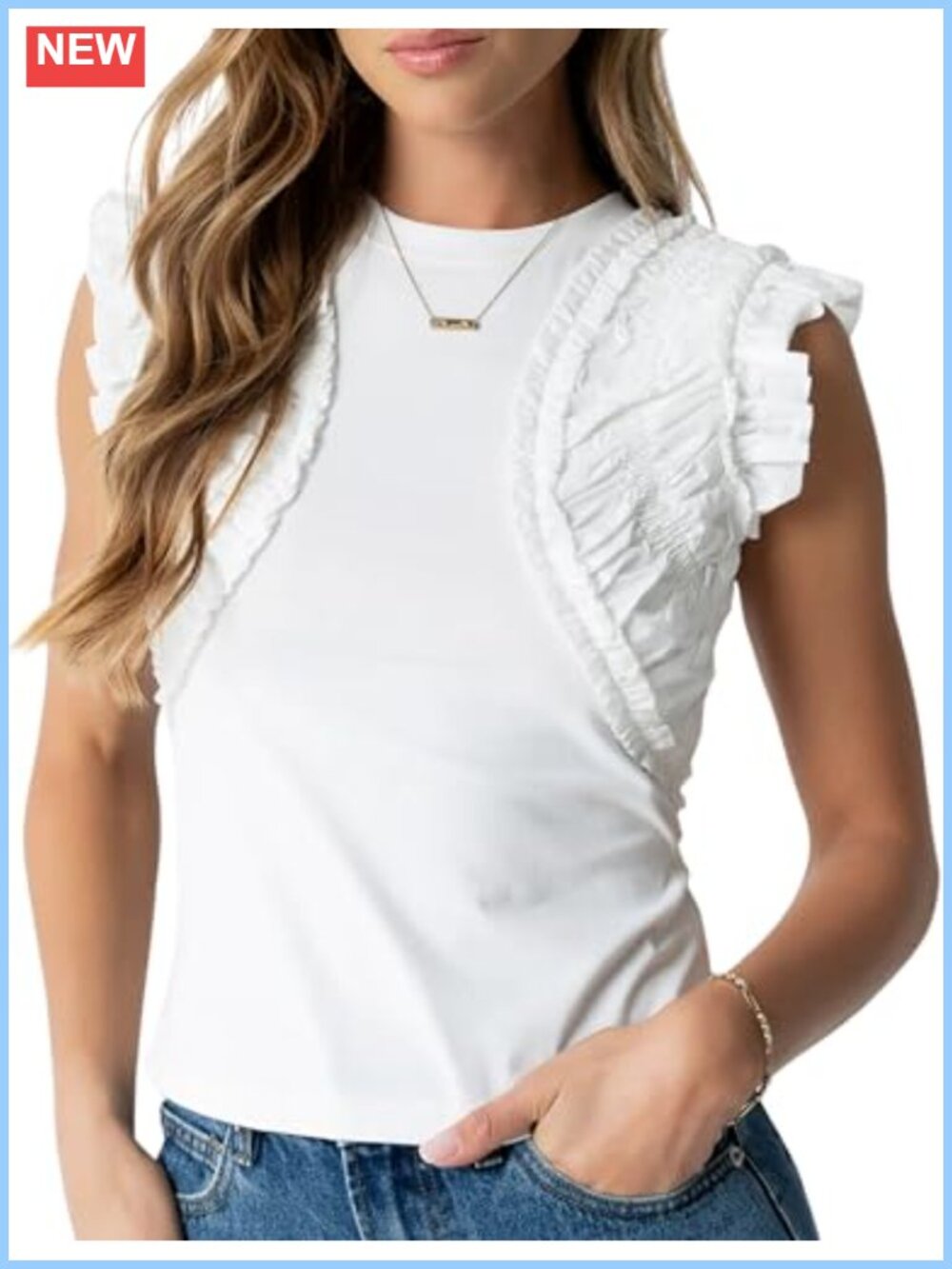 Ruffle Tank Top Crew Neck Sleeveless Ruched Summer Casual Shirt Women's